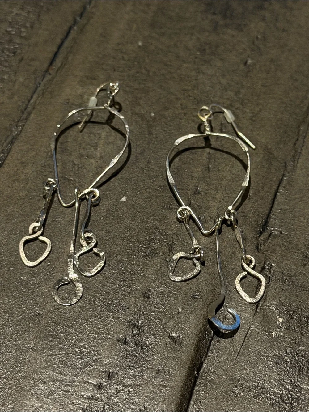 Handcrafted Silver Dangle Hoop Earrings - Silver